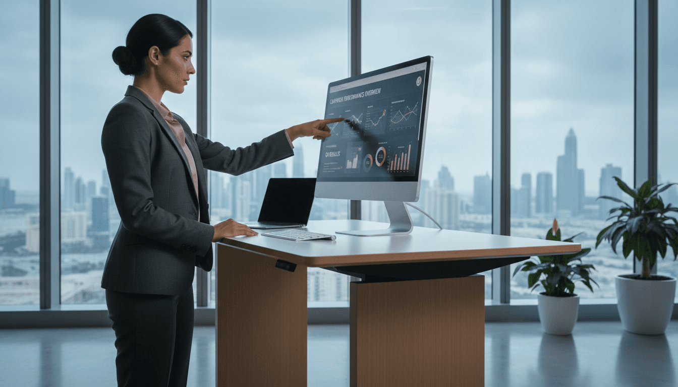 Marketing professional reviewing campaign performance in Dubai office