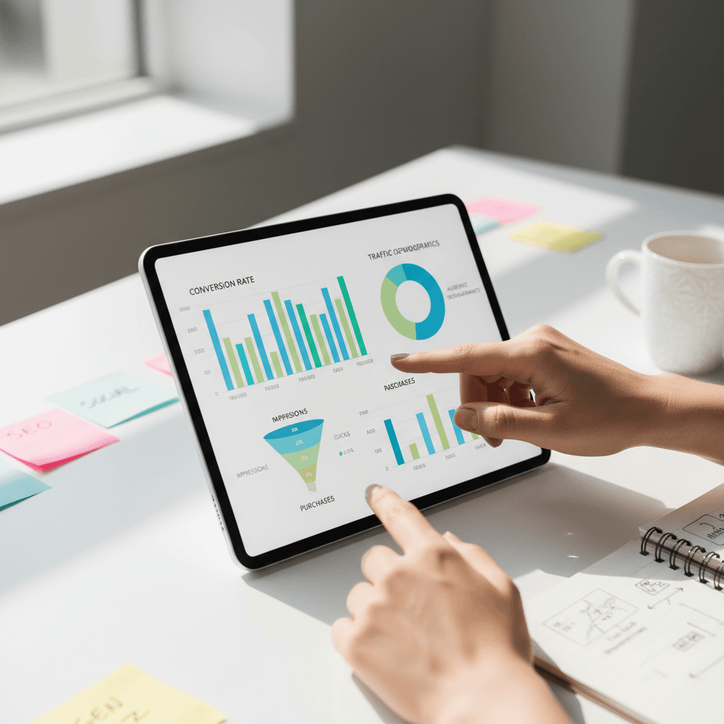 Marketer analyzing conversion funnel and lead optimization metrics on tablet