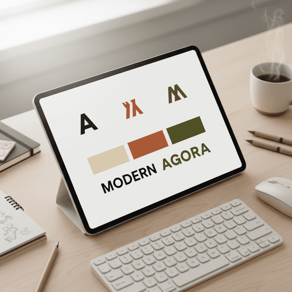 Brand identity development with logo sketches, color swatches, and design guidelines