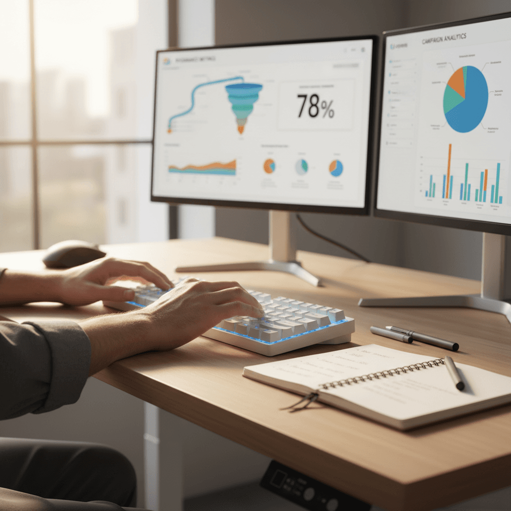 Digital marketer reviewing campaign performance metrics on multiple monitors